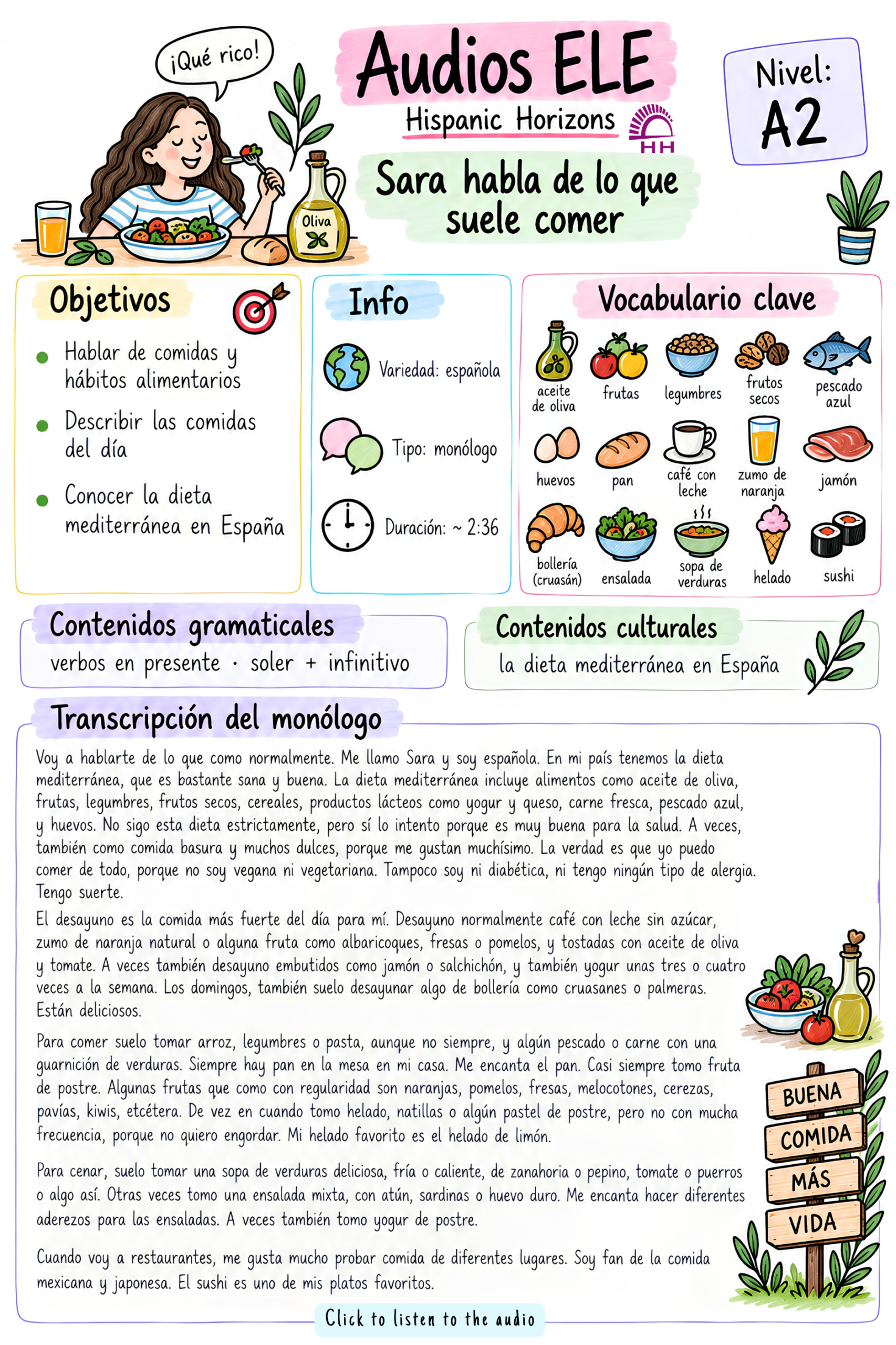 Hablar de comidas. Audio nivel A2.