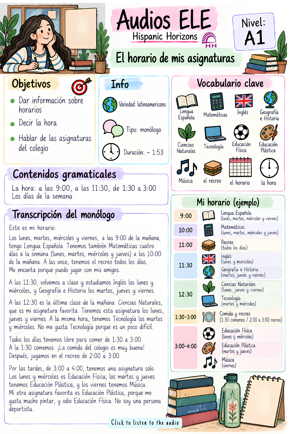 Hablar de horarios. Audio nivel A1.